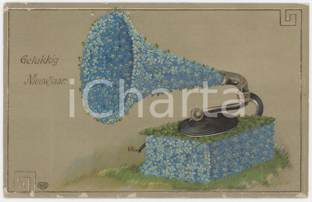 1910 GELUKKIG NIEUWJAAR - Flower turntable - Vintage postcard  Cartolina postale d'epoca, viaggiata. POOR/danneggiato piegature; piccole mancanze di pellicola ai margini Formato: 14x9 cm originale e autentica 1