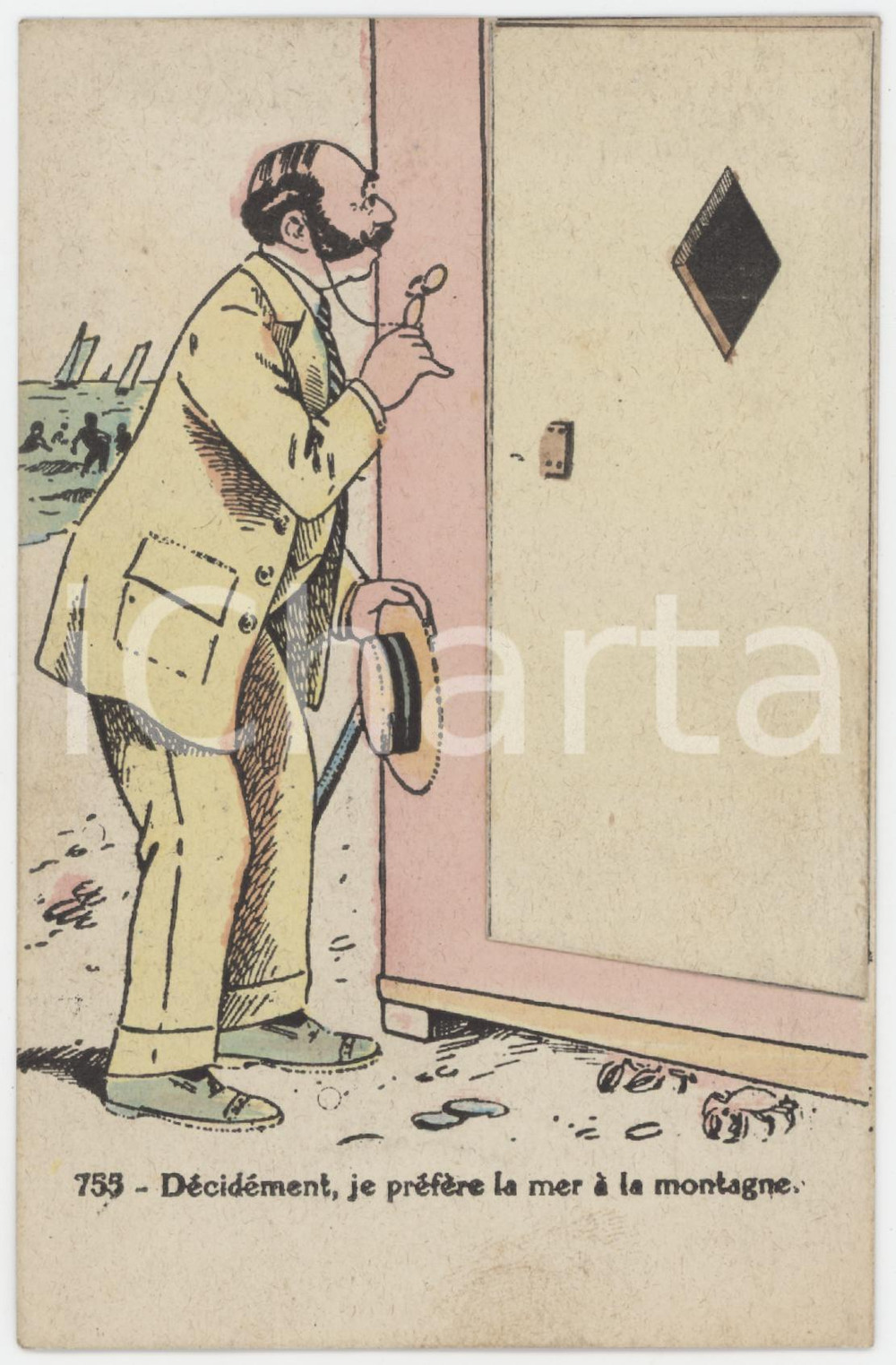 1910 ca VINTAGE EROTIC Je préfère la mer - Femme nue - Carte à système 755  Cartolina postale d'epoca, non viaggiata, con apertura a finestrella sotto la quale si cela un'immagine erotica. GOOD/buono  Formato: 9x14 cm originale e autentica 1
