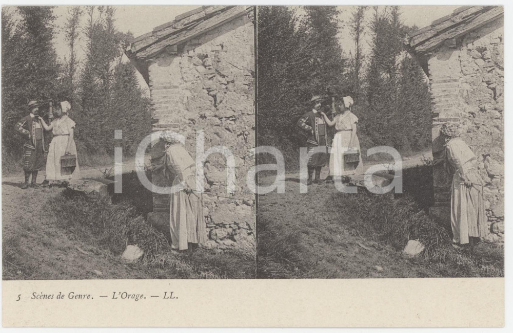 1900 ca FRANCE Scènes de genre - L'Orage - Stéréo Carte postale *5  Cartolina postale d'epoca, non viaggiata. GOOD/buono  Formato: 14x9 cm originale e autentica 1