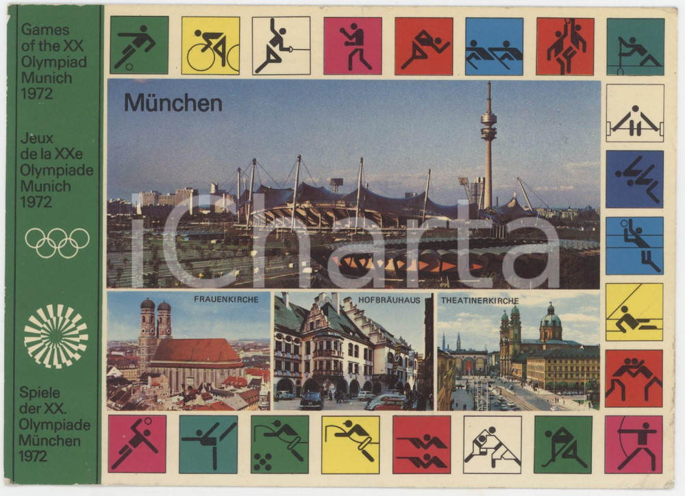 1972 MUNICH - XX OLYMPIAD Frauenkirche HOFBRAUHAUS Theatinerkirche - Postcard FG Cartolina d'epoca, viaggiata. FAIR/discreto Lievi smussature agli angoli, piegatura all'angolo inferiore destro Formato: FG originale e autentica 1