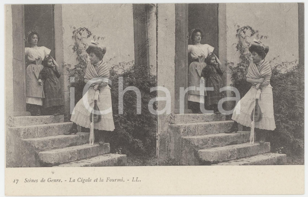 1900 ca FRANCE Scènes de genre - La Cigale et la Fourmi ^Stéréo Carte postale 17  Cartolina postale d'epoca, non viaggiata. GOOD/buono  Formato: 14x9 cm originale e autentica 1