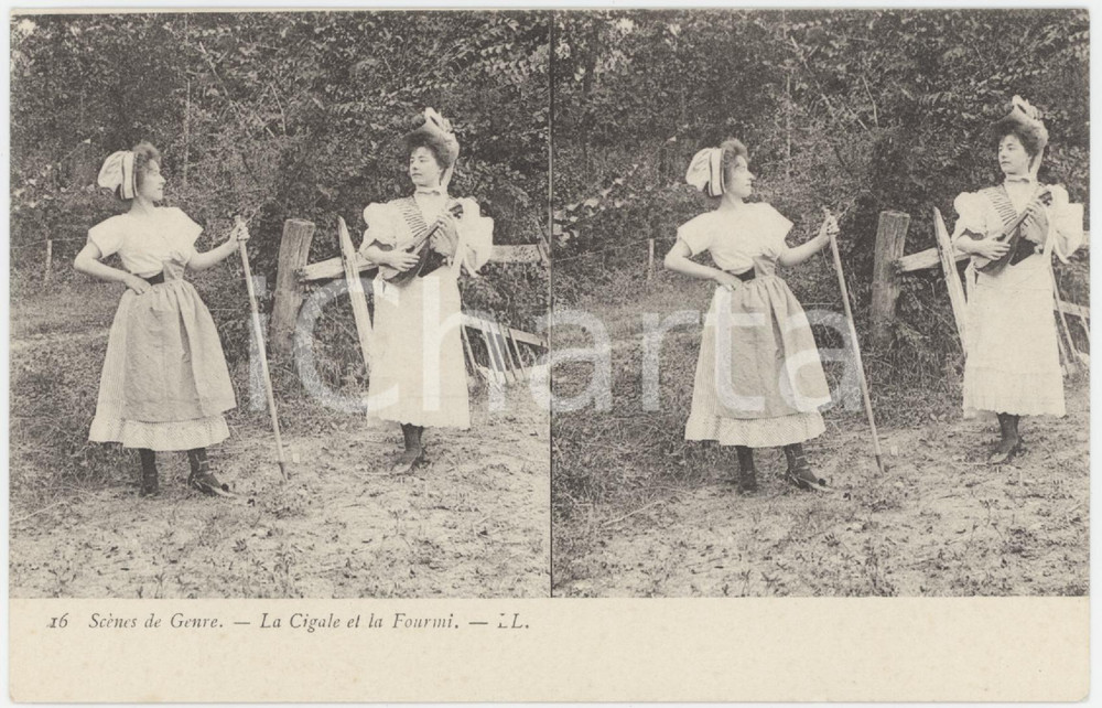 1900 ca FRANCE Scènes de genre - La Cigale et la Fourmi ^Stéréo Carte postale 16 Cartolina postale d'epoca, non viaggiata. GOOD/buono  Formato: 14x9 cm originale e autentica 1