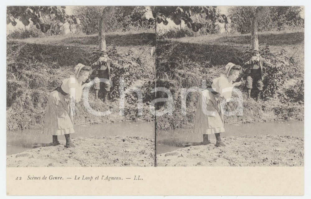 1900 ca FRANCE Scènes de genre - Le Loup et L'Agneau - Stéréo Carte postale  Cartolina postale d'epoca, non viaggiata. GOOD/buono  Formato: 14x9 cm originale e autentica 1