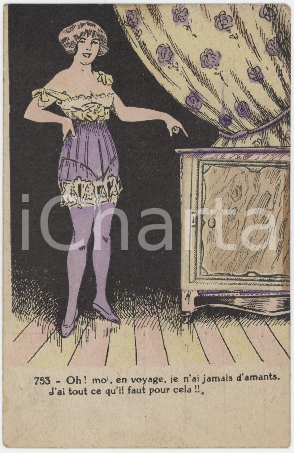 1910 ca VINTAGE EROTIC Je n'ai jamais d'amants - Carottes - Carte à système 753  Cartolina postale d'epoca, non viaggiata, con apertura a finestrella sotto la quale si cela l'immagine di un mucchietto di carote. FAIR/discreto macchie al verso Formato: 9x14 cm originale e autentica 1