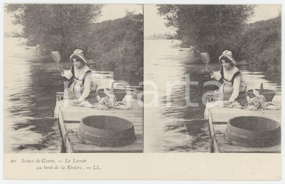 1900 ca FRANCE Scènes de genre - Le Lavoir - Stéréo Carte postale n. 20  Cartolina postale d'epoca, non viaggiata. GOOD/buono  Formato: 14x9 cm originale e autentica 1