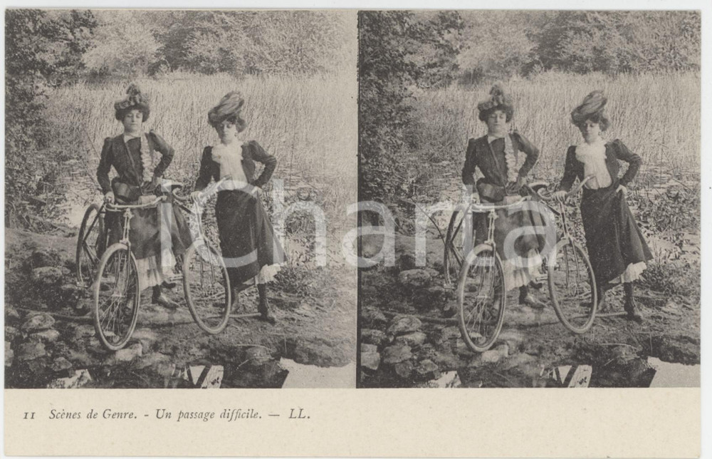 1900 ca FRANCE Scènes de genre - Un passage difficile - Stéréo Carte postale 11  Cartolina postale d'epoca, non viaggiata. GOOD/buono  Formato: 14x9 cm originale e autentica 1