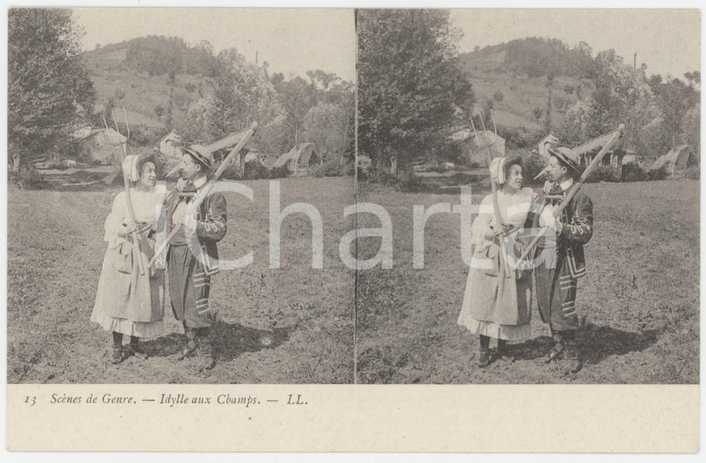 1900 ca FRANCE Scènes de genre - Idylle aux Champs - Stéréo Carte postale n.13  Cartolina postale d'epoca, non viaggiata. GOOD/buono  Formato: 14x9 cm originale e autentica 1
