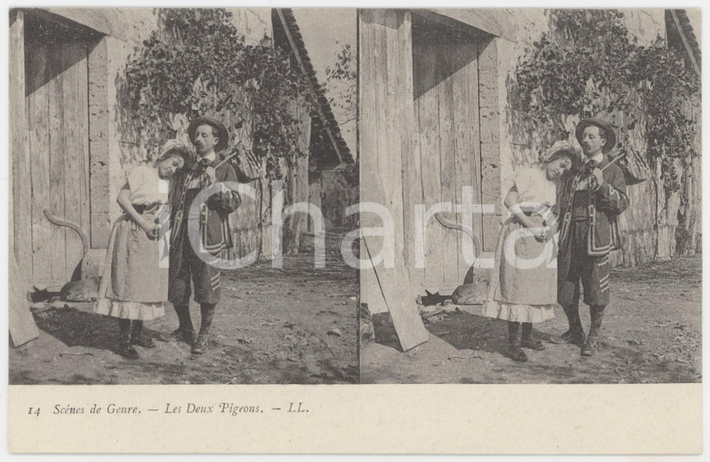 1900 ca FRANCE Scènes de genre - Les Deus Pigeons - Stéréo Carte postale n.14  Cartolina postale d'epoca, non viaggiata. GOOD/buono  Formato: 14x9 cm originale e autentica 1