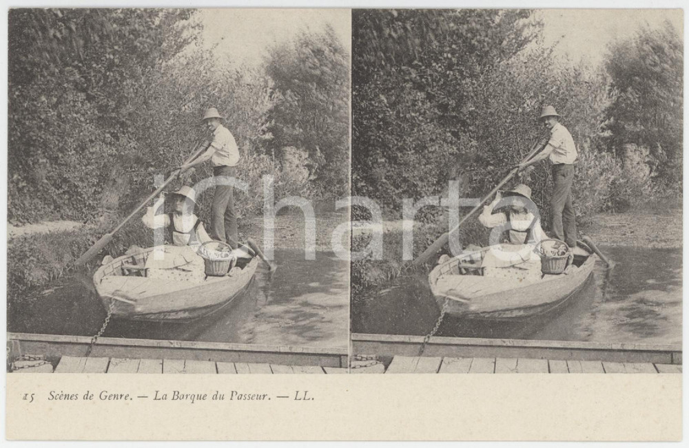 Cartolina originale da collezione 1900 ca FRANCE ScÃ¨nes de genre  La Barque du Passeur StÃ©rÃ©o Carte postale n.15 1