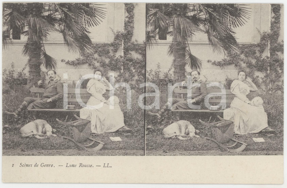 Cartolina originale da collezione 1900 ca FRANCE ScÃ¨nes de genre  Lune Rousse  StÃ©rÃ©o Carte postale n.1 1