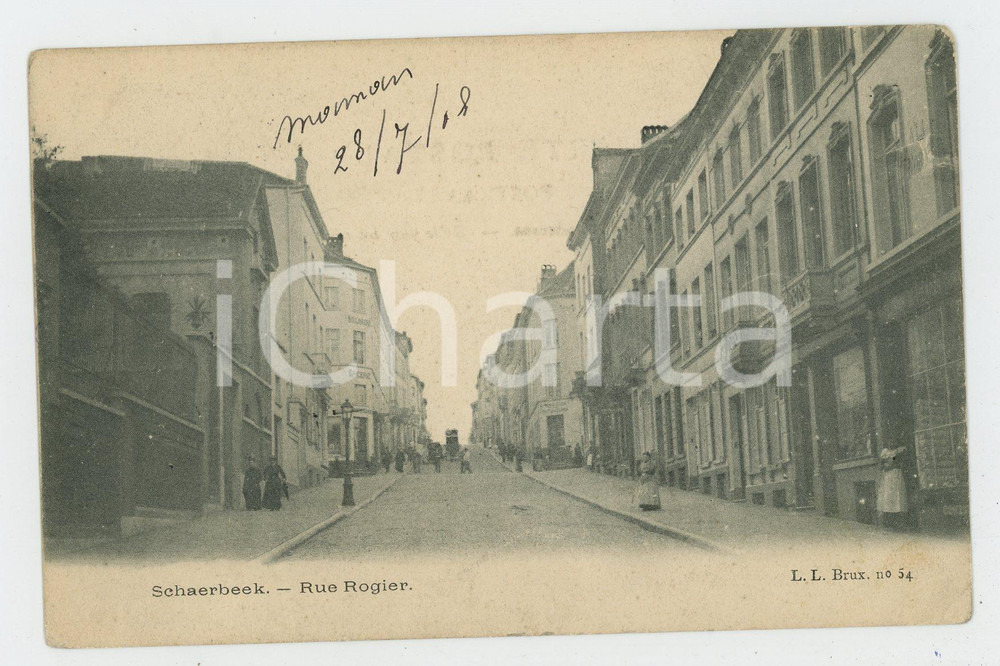 1908 SCHAERBEEK - BELGIQUE Rue Rogier - Carte postale FP VG  Cartolina postale d'epoca, viaggiata. FAIR/discreto Lievi smussature agli angoli Formato: FP originale e autentica 1