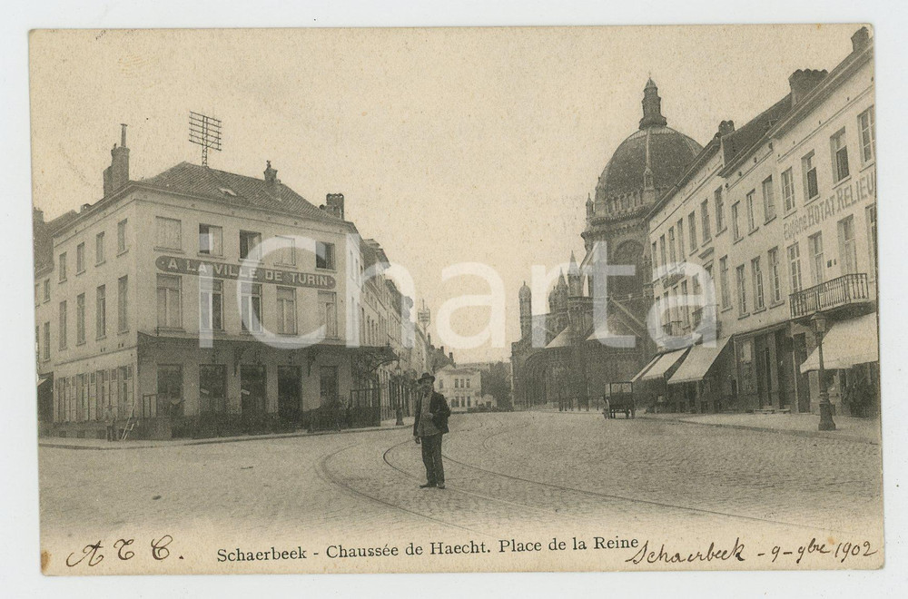 1902 BRUXELLES SCHAERBEEK Chaussée de Haecht - Place de la Reine - Carte Postale  Cartolina postale d'epoca, viaggiata. FAIR/discreto Lievi smussature agli angoli Formato: FP originale e autentica 1
