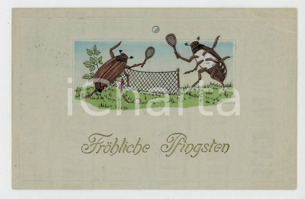 1911 ANIMALS - FRÖHLICHE PFINGSTEN Cockroaches playing tennis EMBOSSED Postcard  Cartolina postale d'epoca, viaggiata.CONDIZIONI: FAIRFORMATO: FP    originale e autentica 1