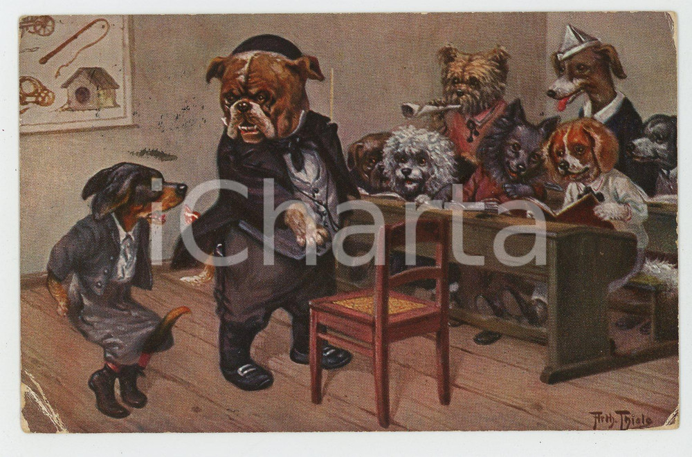 1911 DOG SCHOOL Artist Arthur THIELE - ANTHROPOMORPHIC Postcard FP VG  Cartolina postale d'epoca, viaggiata.CONDIZIONI: POOR (profonda piegatura all'angolo inferiore sinistro)FORMATO: FP    originale e autentica 1