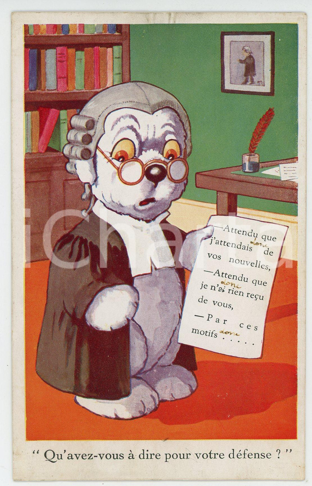 1910 ca ANIMALS Dog-lawyer ANTHROPOMORPHIC Postcard FP VG  Cartolina postale d'epoca, viaggiata.CONDIZIONI: POOR (increspature diffuse su tutta la cartolina)FORMATO: FP    originale e autentica 1