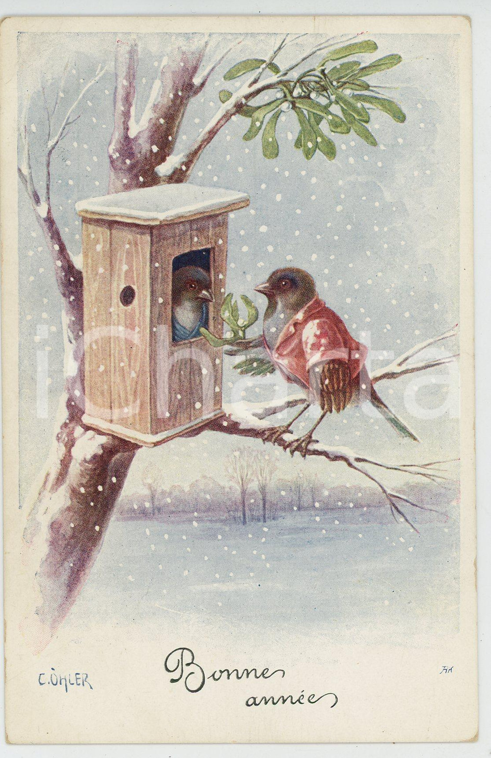 1920 ca BONNE ANNÉE Moineaux amoureux - Illustré par C. OHLER - Carte postale  Cartolina postale d'epoca, non viaggiata.CONDIZIONI: FAIRFORMATO: FP    originale e autentica 1