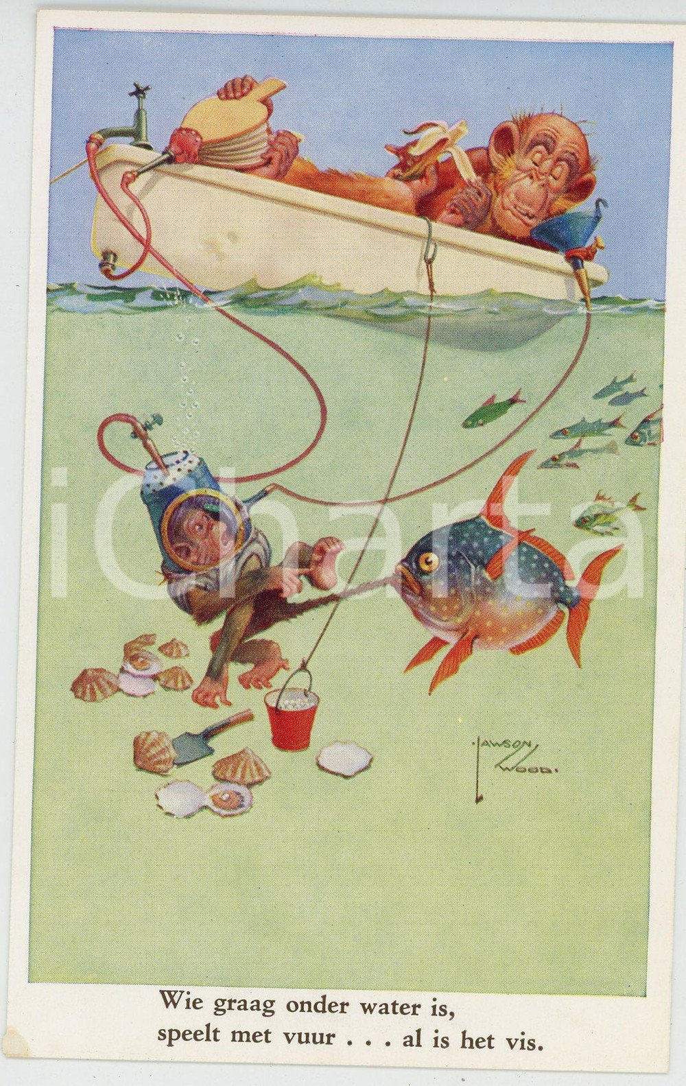 1920 ca ANIMALS Artist Lawson WOOD Monkey dad - Postcard GRAN'POP Series (10)  Cartolina postale d'epoca, non viaggiata.CONDIZIONI: GOODFORMATO: FP    originale e autentica 1