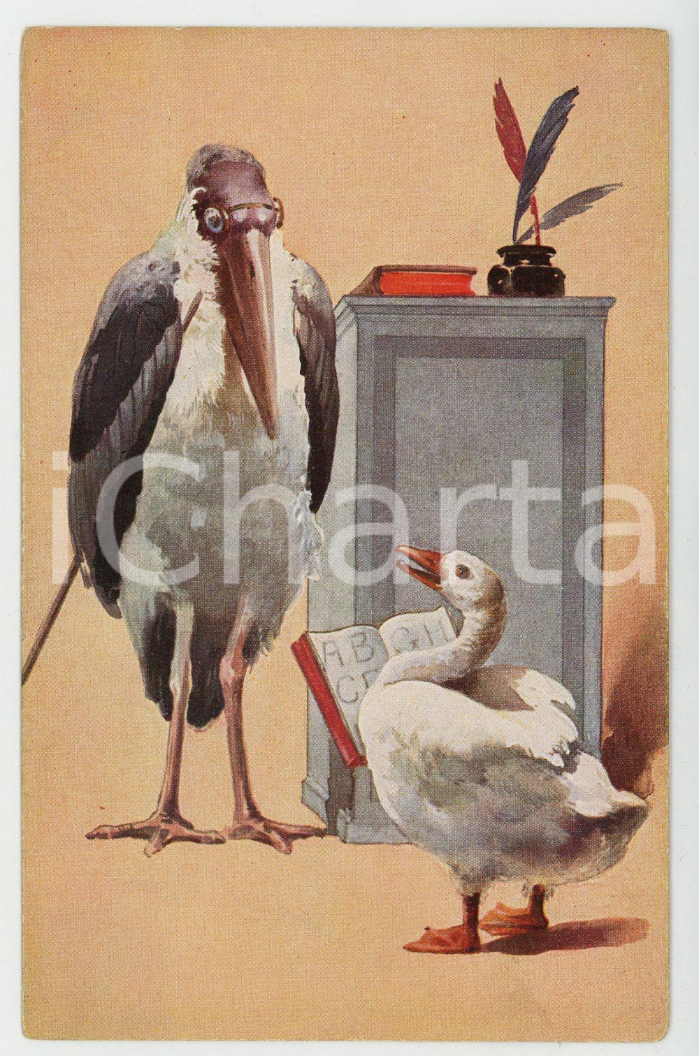 1920 ca ANIMALS Maribu and goose at school - ANTHROPOMORPHIC Postcard PELUBA 277  Cartolina postale d'epoca, non viaggiata.CONDIZIONI: FAIR (bruniture al verso)FORMATO: FP    originale e autentica 1