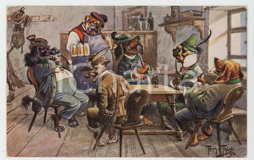 1925 ca Artist Arthur THIELE Dogs drinking beer ANTHROPOMORPHIC Postcard FP NV  Cartolina postale d'epoca, viaggiata.CONDIZIONI: FAIR (sbrecciature ai margini)FORMATO: FP    originale e autentica 1