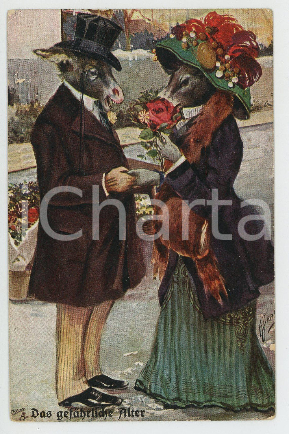 1925 ca DONKEYS IN LOVE Das gefährliche alter - Anthropomorphic OILETTE Postcard  Cartolina postale d'epoca, non viaggiata.CONDIZIONI: POOR (abrasione e bruniture al verso, smussature agli angoli)FORMATO: FP    originale e autentica 1