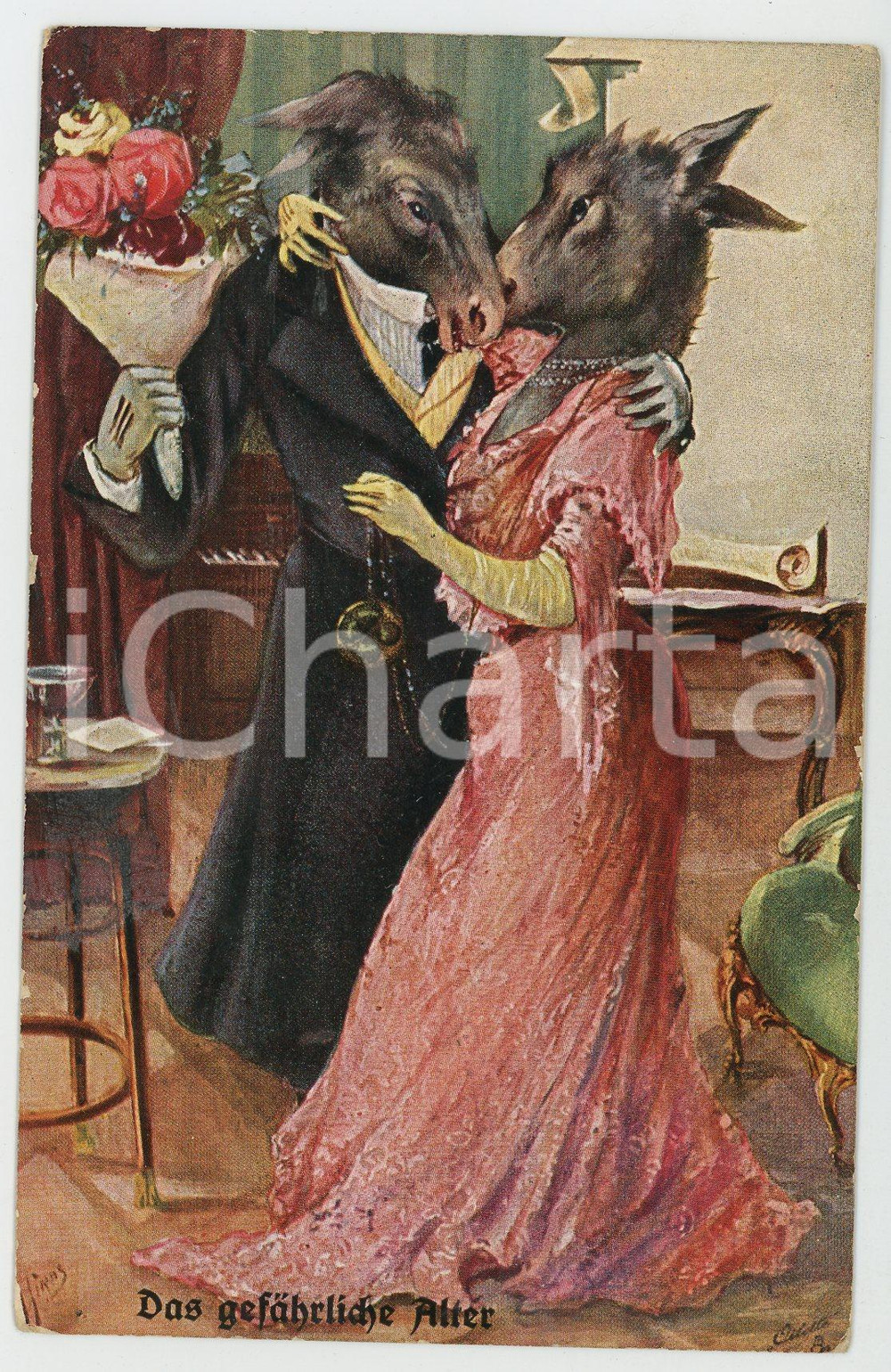 1925 DONKEYS IN LOVE Das gefährliche alter - Anthropomorphic OILETTE Postcard 1  Cartolina postale d'epoca, non viaggiata.CONDIZIONI: POOR (abrasione e bruniture al verso, smussature agli angoli)FORMATO: FP    originale e autentica 1