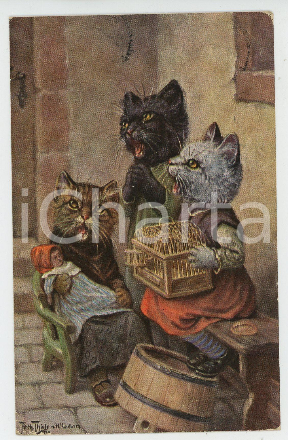 1925 Artist Arthur THIELE Kittens playing in the street ANTHROPOMORPHIC Postcard  Cartolina postale d'epoca, viaggiata.CONDIZIONI: FAIR (sbrecciature agli angoli, abrasione al verso)FORMATO: FP    originale e autentica 1
