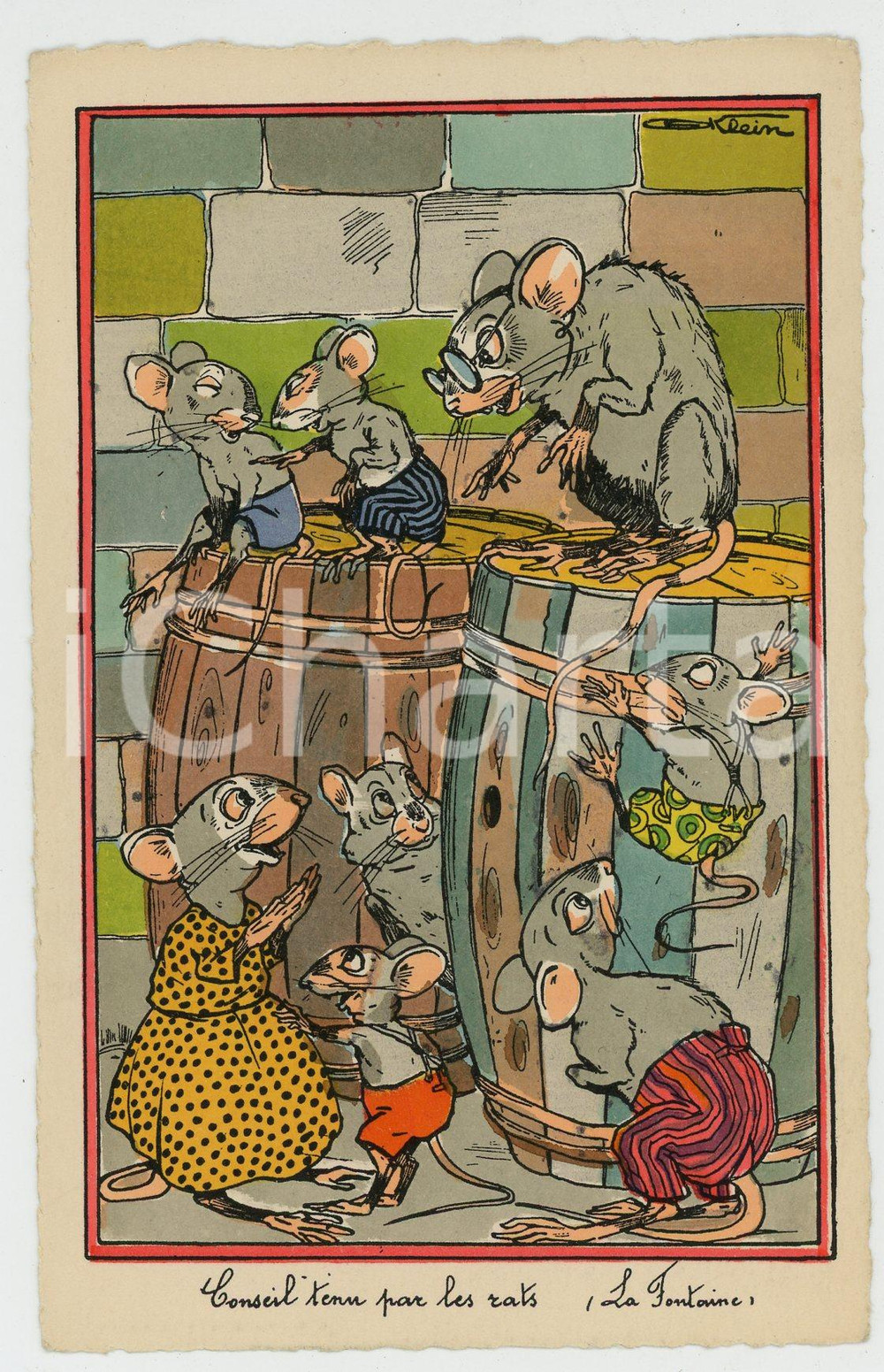 1950 ca FRANCE Conseil tenu par les rats (La Fontaine) - Ill. KLEIN - Postcard  Cartolina postale d'epoca, non viaggiata.CONDIZIONI: GFORMATO: FP    originale e autentica 1