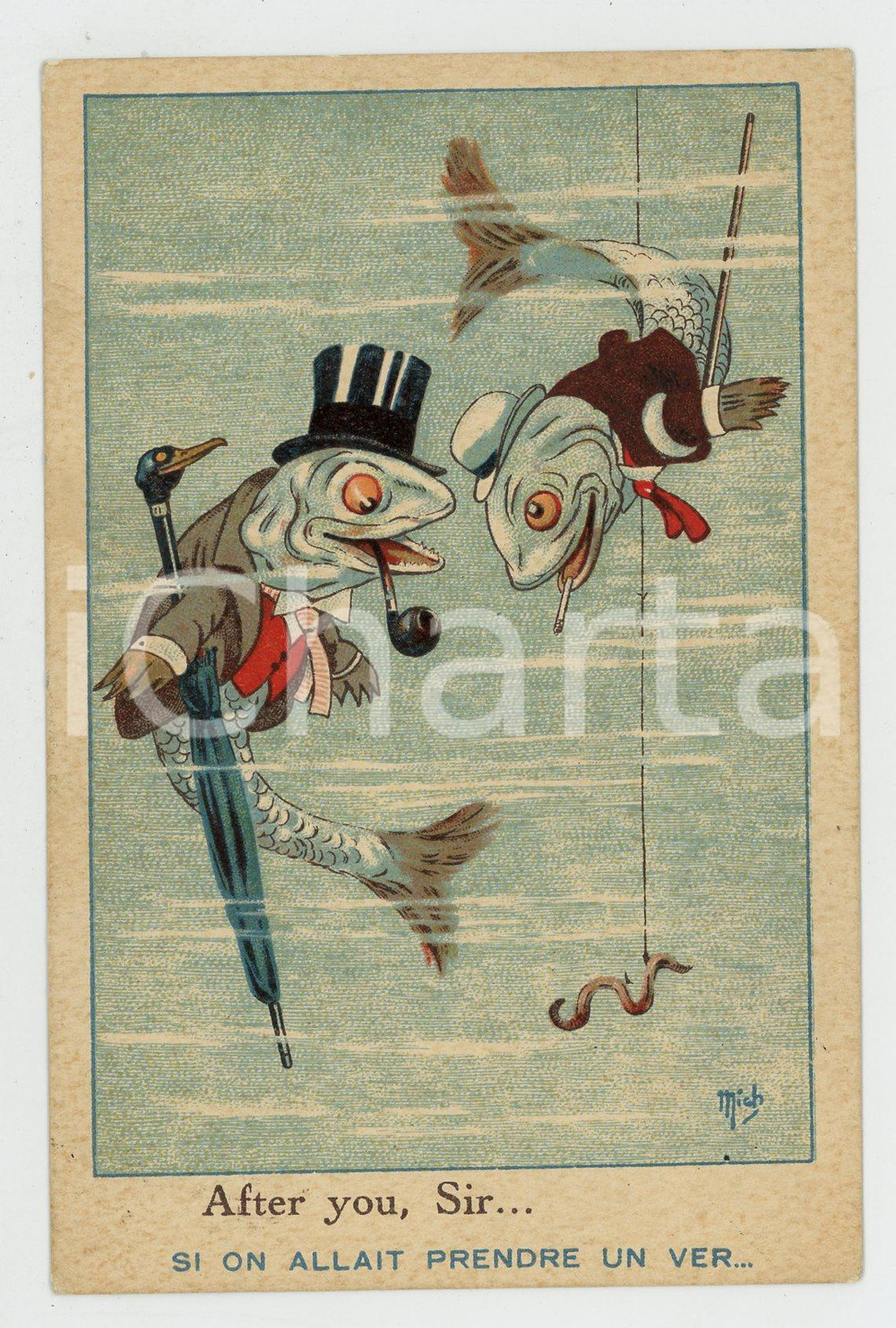 1924 ANIMALS OUR BROTHERS Fish - After your, sir - ANTHROPOMORPHIC Postcard FP  Cartolina postale d'epoca, viaggiata.SERIE: Les animaux nos fr&egrave;res - Editions SID, ParisCONDIZIONI: FAIR (bruniture diffuse)FORMATO: FP    originale e autentica 1