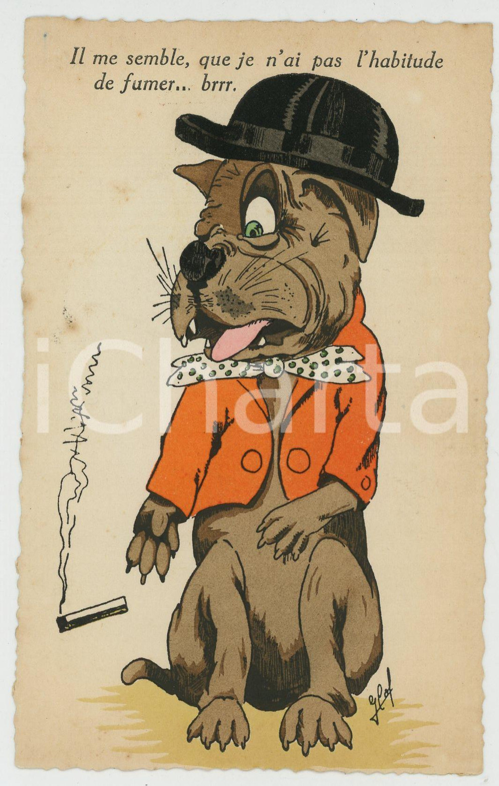 1940 ca BELGIUM - CHIENS - Je n'ai pas l'habitude de fumer - Postcard G. COF red  Cartolina postale d'epoca, non viaggiata, firmata G. Cof.La cartolina appartiene alla serie "Aquarella".CONDIZIONI: FAIR (minimi ingiallimenti)FORMATO: FP    originale e autentica 1