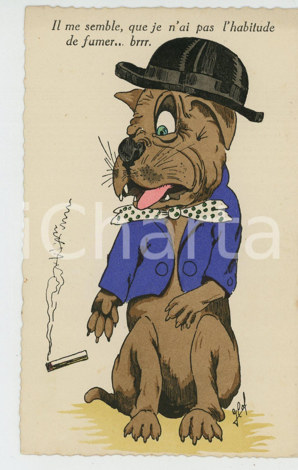 1940 ca BELGIUM - CHIENS - Je n'ai pas l'habitude de fumer *Postcard G. COF blue  Cartolina postale d'epoca, non viaggiata, firmata G. Cof.La cartolina appartiene alla serie "Aquarella".CONDIZIONI: GFORMATO: 9x14 cm    originale e autentica 1