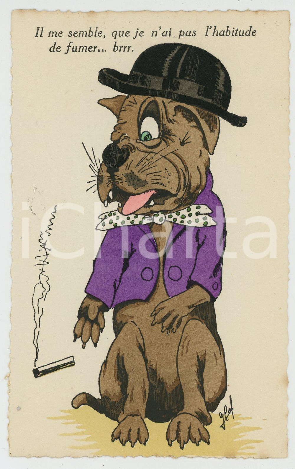 1940 ca BELGIUM - CHIENS Je n'ai pas l'habitude de fumer *Postcard G. COF purple  Cartolina postale d'epoca, non viaggiata, firmata G. Cof.La cartolina appartiene alla serie "Aquarella".CONDIZIONI: GFORMATO: 9x14 cm    originale e autentica 1