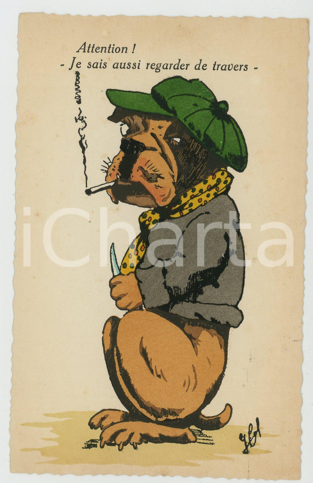 1940 ca BELGIUM - CHIENS Je sais regarder de travers *Postcard G. COF grey  Cartolina postale d'epoca, non viaggiata, firmata G. Cof.La cartolina appartiene alla serie "Aquarella".CONDIZIONI: GFORMATO: 9x14 cm    originale e autentica 1