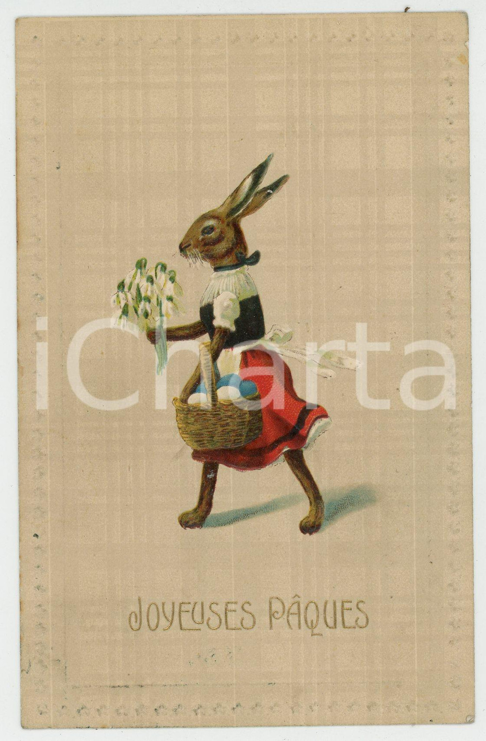 1909 JOYEUSES PÂQUES Rabbit carrying painted eggs ANTHROPOMORPHIC Postcard  Cartolina postale d'epoca, viaggiata, con elementi in rilievo.CONDIZIONI: GOODFORMATO: FP    originale e autentica 1