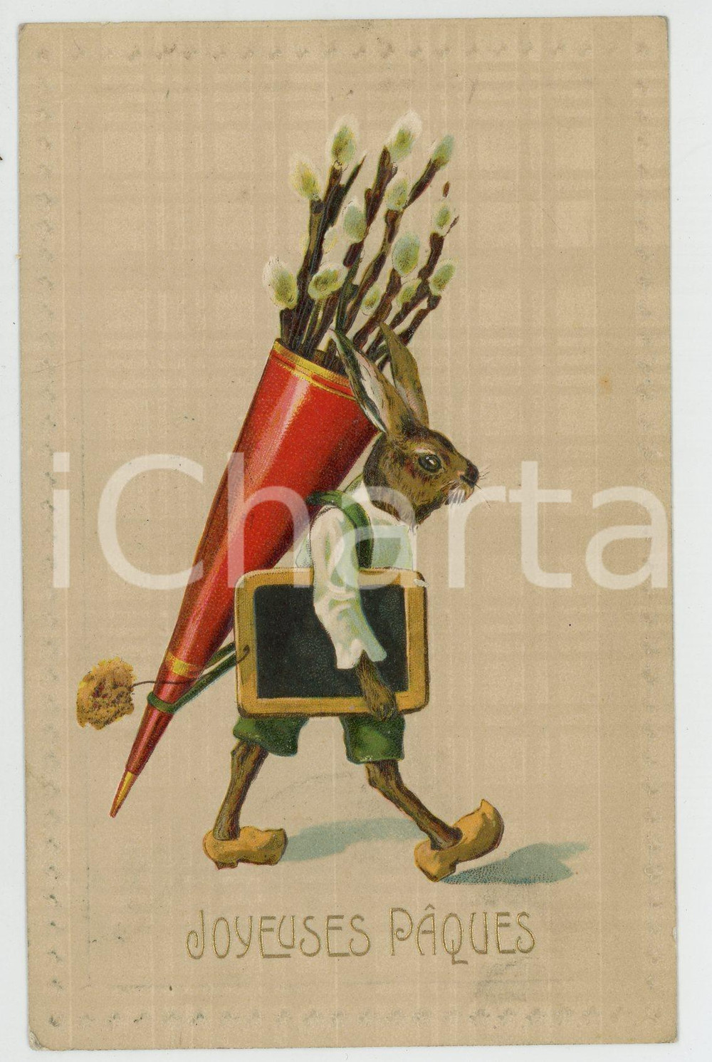 1909 JOYEUSES PÂQUES Rabbit carrying a chalkboard ANTHROPOMORPHIC Postcard  Cartolina postale d'epoca, viaggiata, con elementi in rilievo.CONDIZIONI: GOODFORMATO: FP    originale e autentica 1