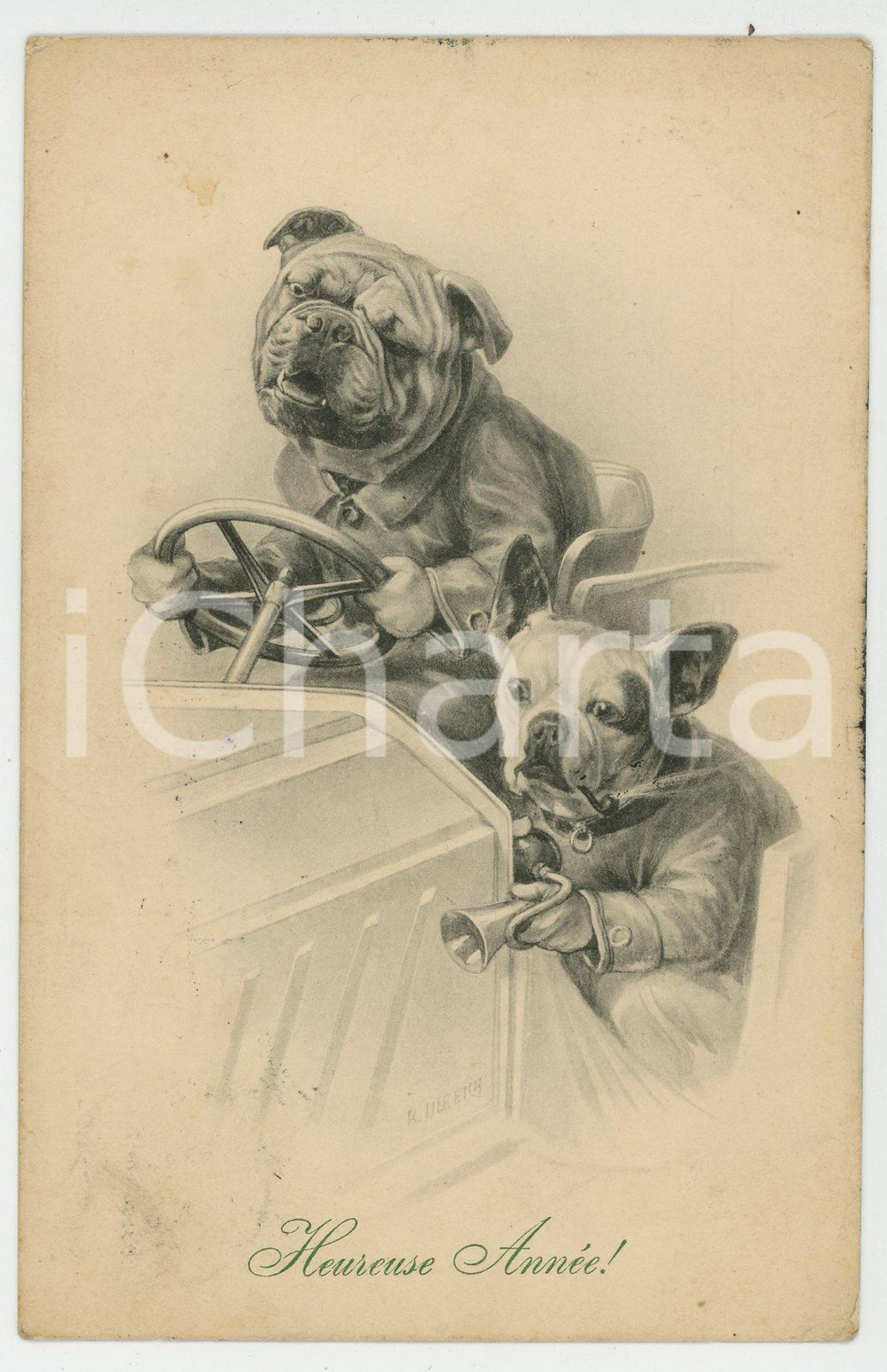 1909 HEUREUSE ANNÉE Dog race - Ill. by R. ULREICH Anthropomorphic postcard (1)  Cartolina postale d'epoca, viaggiata.CONDIZIONI: FAIR (smussature agli angoli e piccola macchia al margine destro)FORMATO: FP    originale e autentica 1