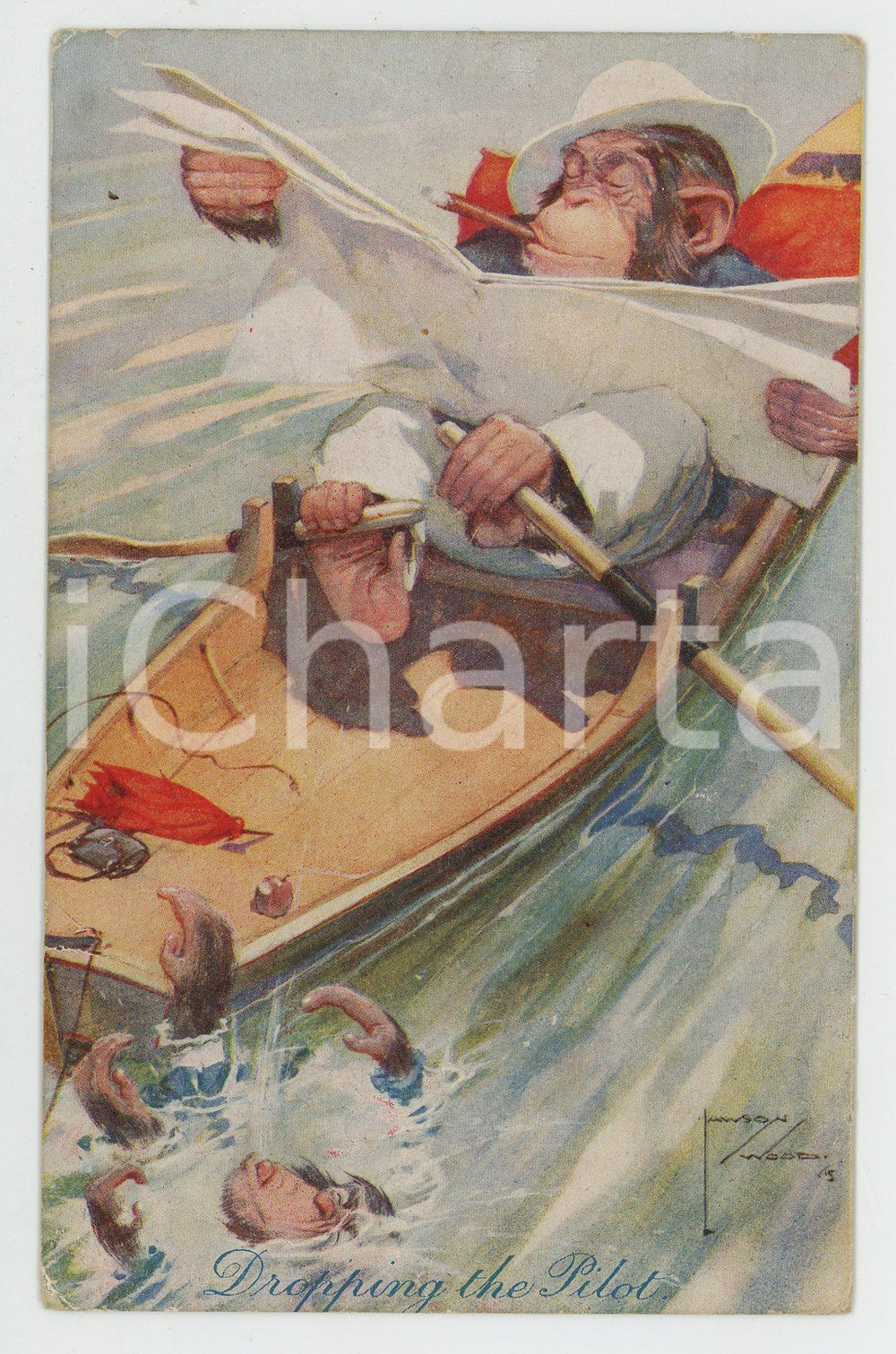 1920 ca Artist Lawson WOOD Monkey on a boat - Dropping the pilot - Postcard FP  Cartolina postale d'epoca, non viaggiata ma con nota manoscritta al verso. FAIR/discreto Lievi smussature agli angoli Formato: FP originale e autentica 1