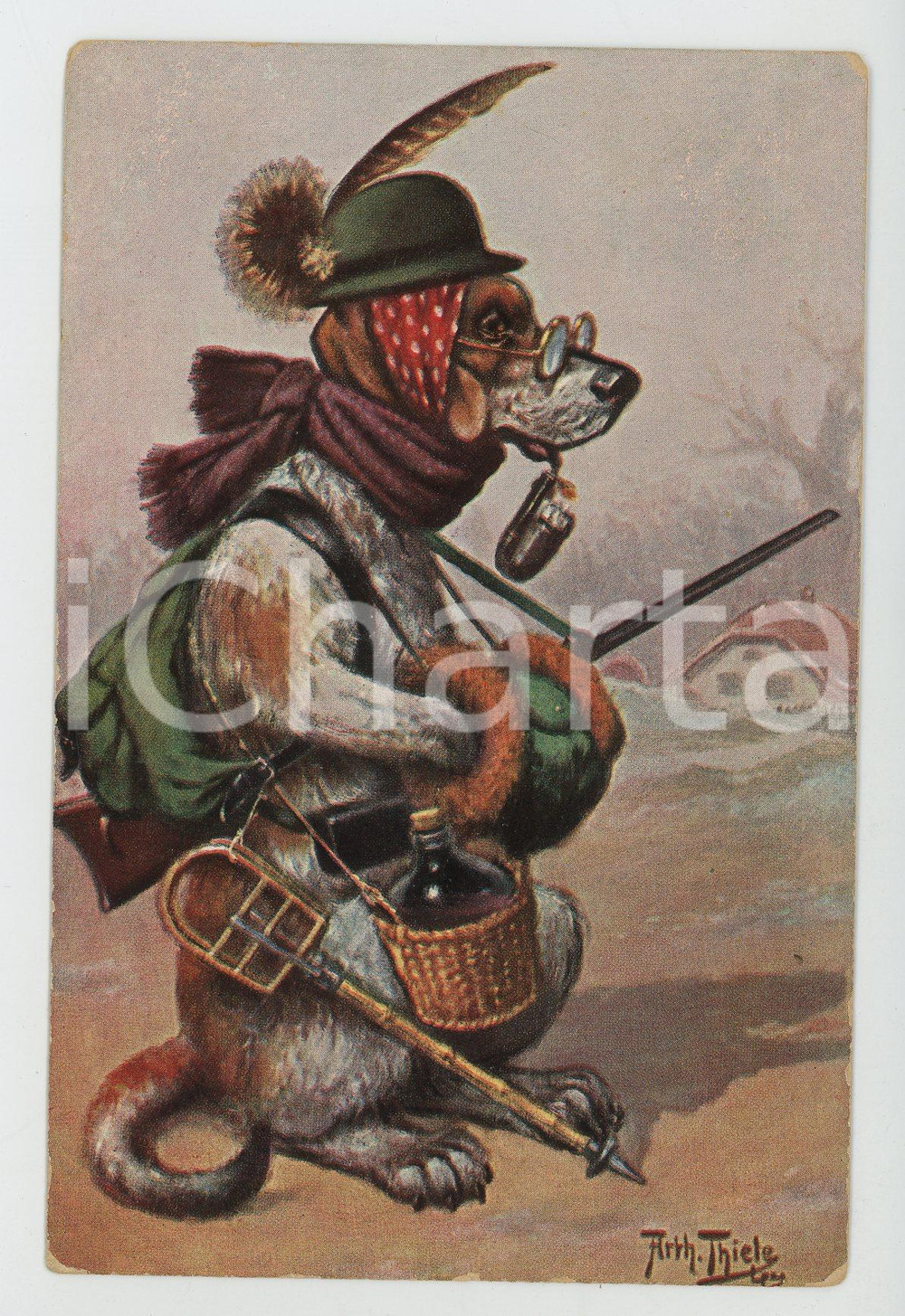 1929 Artist Arthur THIELE Hound at hunt ANTHROPOMORPHIC Postcard FP NV  Cartolina postale d'epoca, viaggiata.CONDIZIONI: FAIR FORMATO: FP    originale e autentica 1
