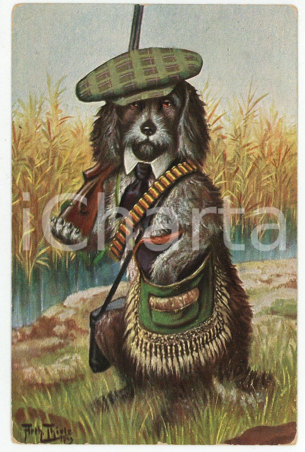 1925 ca Artist Arthur THIELE Dog at hunt ANTHROPOMORPHIC Postcard FP NV  Cartolina postale d'epoca, viaggiata.CONDIZIONI: POOR (sbrecciature ai margini, piegatura all'angolo superiore sinistro)FORMATO: FP    originale e autentica 1