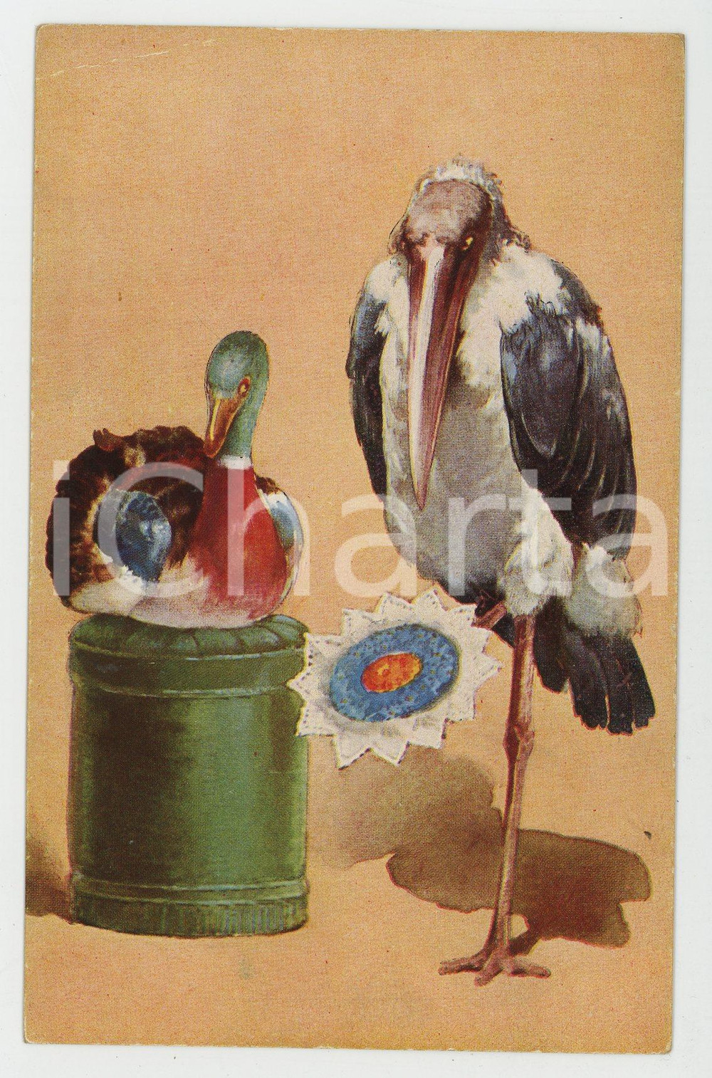 1920 ca ANIMALS Maribu and duck - ANTHROPOMORPHIC Postcard PELUBA 277  Cartolina postale d'epoca, non viaggiata.CONDIZIONI: FAIR (bruniture al verso)FORMATO: FP    originale e autentica 1