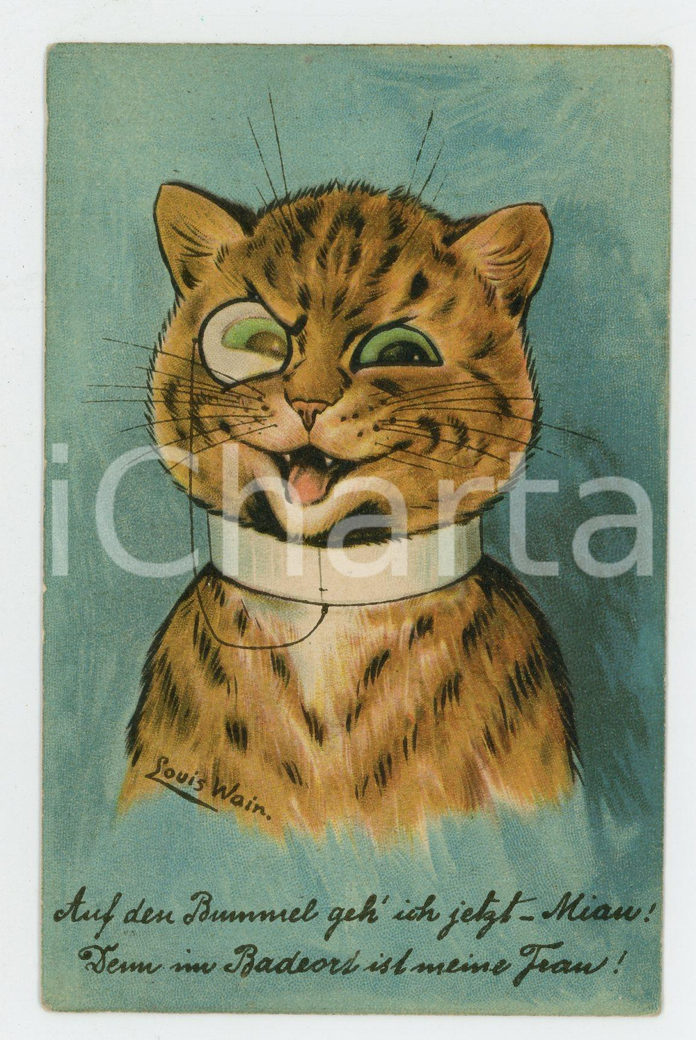 1910 ca Artist Louis WAIN Evil cat with monocle ANTHROPOMORPHIC Postcard FP NV  Cartolina postale d'epoca, non viaggiata ma con nota manoscritta al verso.CONDIZIONI: VERY POOR (estesi residui di incollatura al verso)FORMATO: FP    originale e autentica 1