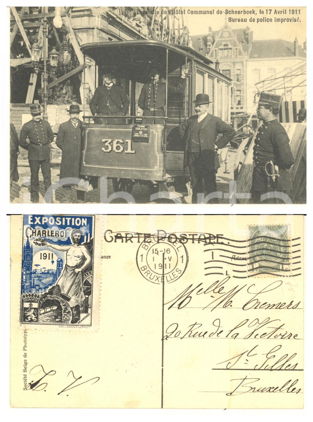 1911 SCHAERBEEK (BELGIQUE) Incendie Hotel Communal - Bureau de police - Postcard  Cartolina postale d'epoca, viaggiata.Pregevole francobollo commemorativo dell'Exposition de Charleroi del 1911.CONDIZIONI: G FORMATO: FP    originale e autentica 1