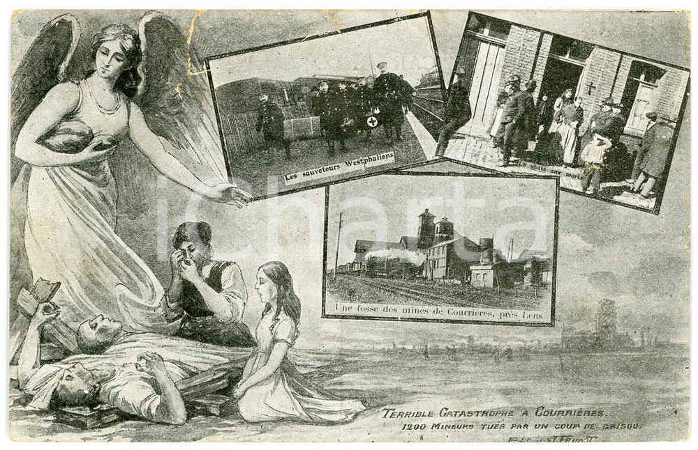 1906 FRANCE Catastrophe de COURRIÈRES - 1200 mineurs tués - DAMGED postcard Cartolina postale, non viaggiata. VERY POOR/gravemente danneggiato strappi al lato superiore Formato: 14x9 cm originale e autentica 1