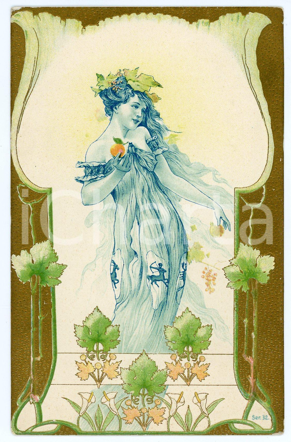1900 ca ART NOUVEAU Woman - Vine leaves - Embossed golden postcard Cartolina postale d'epoca, illustrata, non viaggiata.CONDIZIONI: GFORMATO: FP    originale e autentica 1