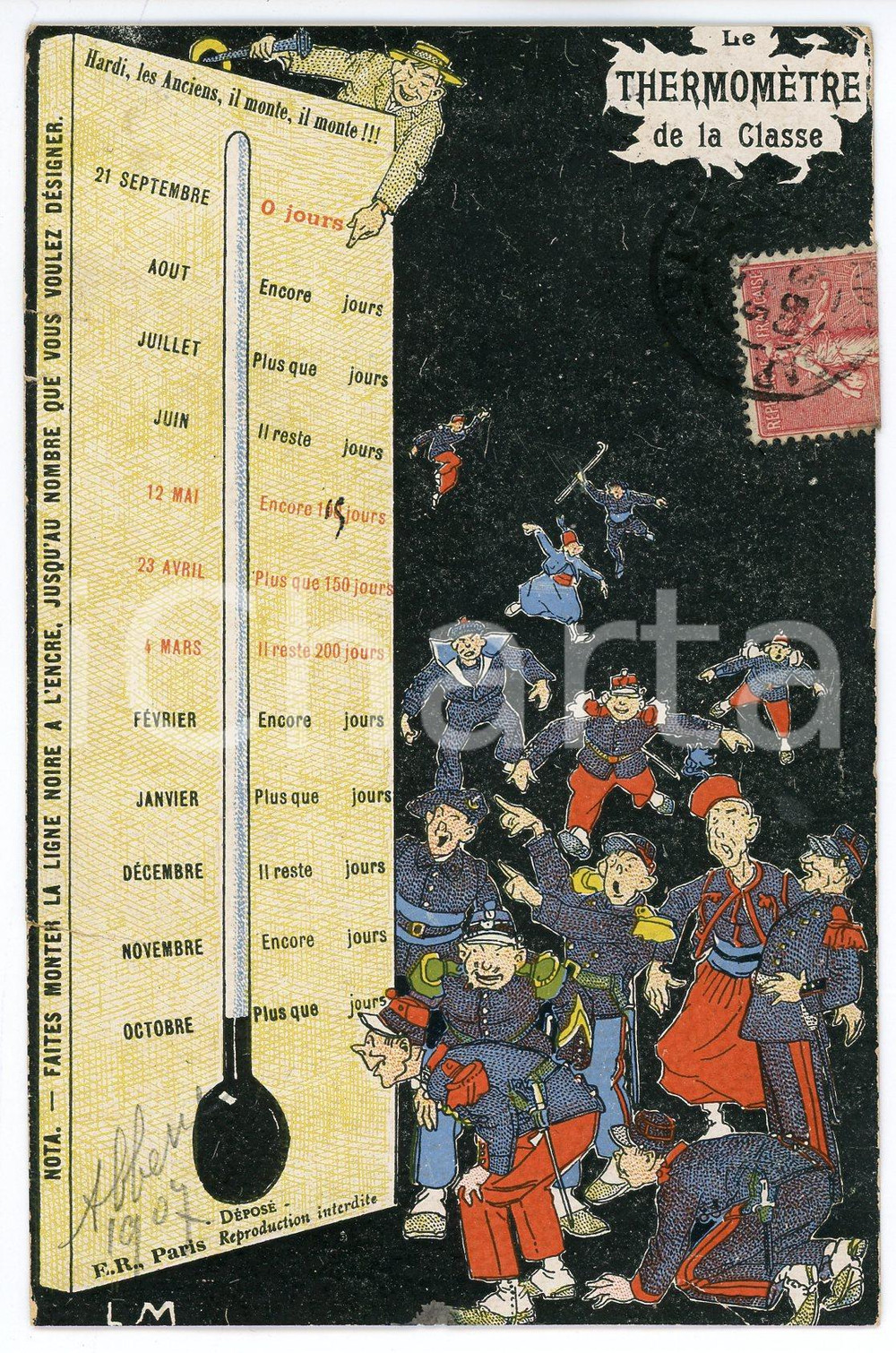 1907 BELGIQUE - LA VIE MILITAIRE Le thermomÃ¨tre de la classe - Carte postale FP Cartolina d'epoca, viaggiata.  VERY POOR/gravemente danneggiato Lievi smussature agli angoli, tagli al margine sinistro FORMATO: FP originale e autentica 1