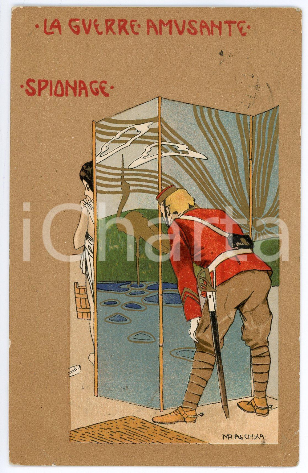 1901 ART NOUVEAU Raphael KIRCHNER La Guerre Amusante - Spionage DAMAGED Postcard  Rara cartolina postale d'epoca, opera dell'artista e illustratore Raphael Kirchner (che utilizza lo pseudonimo Raschka), viaggiata.CONDIZIONI: VP (piegatura angolare, con evidente abrasione al verso in corrispondenza)FORMATO: FP    originale e autentica 1