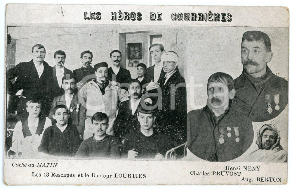 1906 FRANCE Catastrophe de COURRIÈRES - Les 13 Rescapés et le docteur LOURTIES Cartolina postale d'epoca, viaggiata. GOOD/buono  Formato: 14x9 cm originale e autentica 1