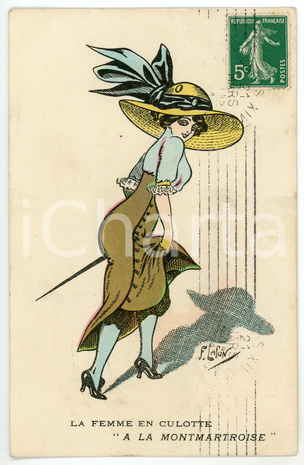 1911 Artiste FranÃ§ois LAFON La femme en coulotte Ã  la Montmartroise *Postcard  Cartolina postale d'epoca, viaggiata.CONDIZIONI: GFORMATO: FP     originale e autentica 1