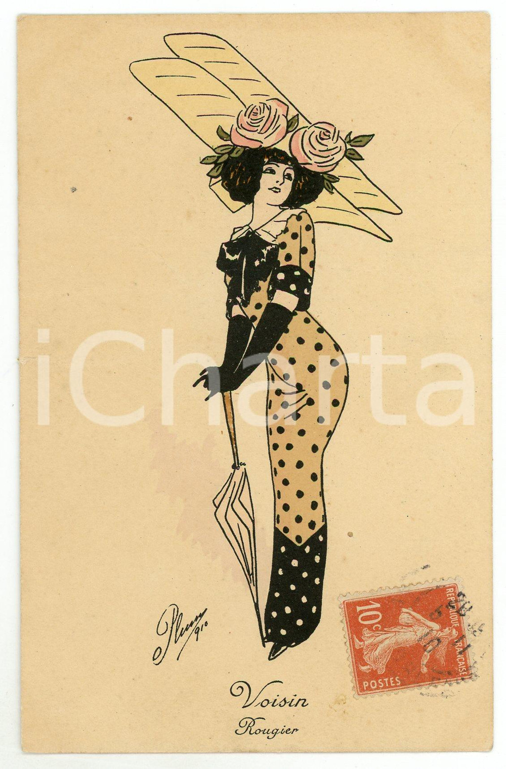 1910 FRANCE MODE Voisin - Rougier - DAMAGED Postcard ill. PLUM  Cartolina postale d'epoca, viaggiata.CONDIZIONI: VP (profonda piegatura orizzontale)FORMATO: FP    originale e autentica 1