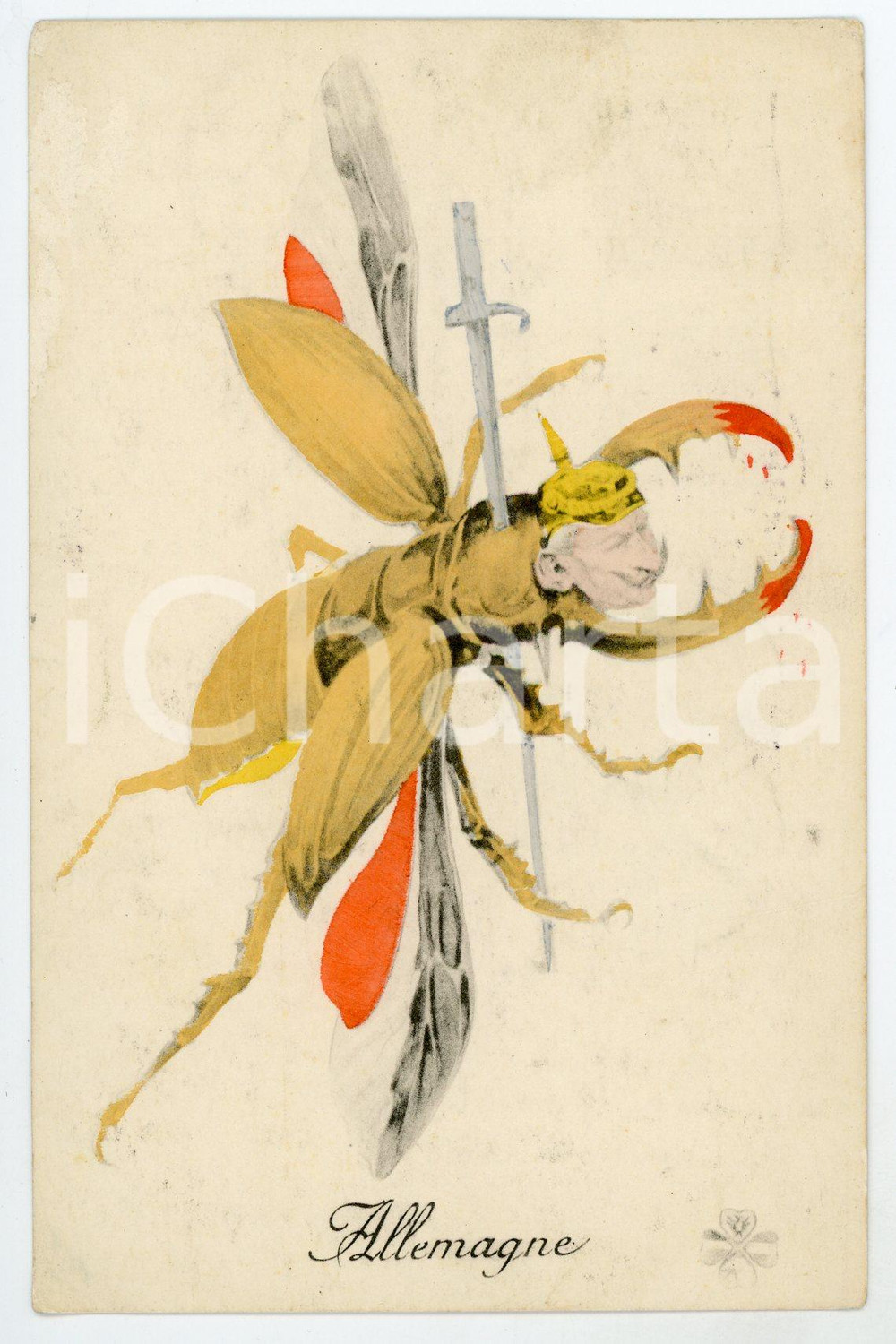 1919 WW1 ALLEMAGNE as a beetle - Postcard PROPAGANDA Ed. AUX ALLIES  Cartolina postale d'epoca, di propaganda francese.Viaggiata.EDITORE: Aux Alli&eacute;s - Paris FAIR/discreto abrasioni al lato sinistro e lievi macchie Formato: 9x14 cm originale e autentica 1