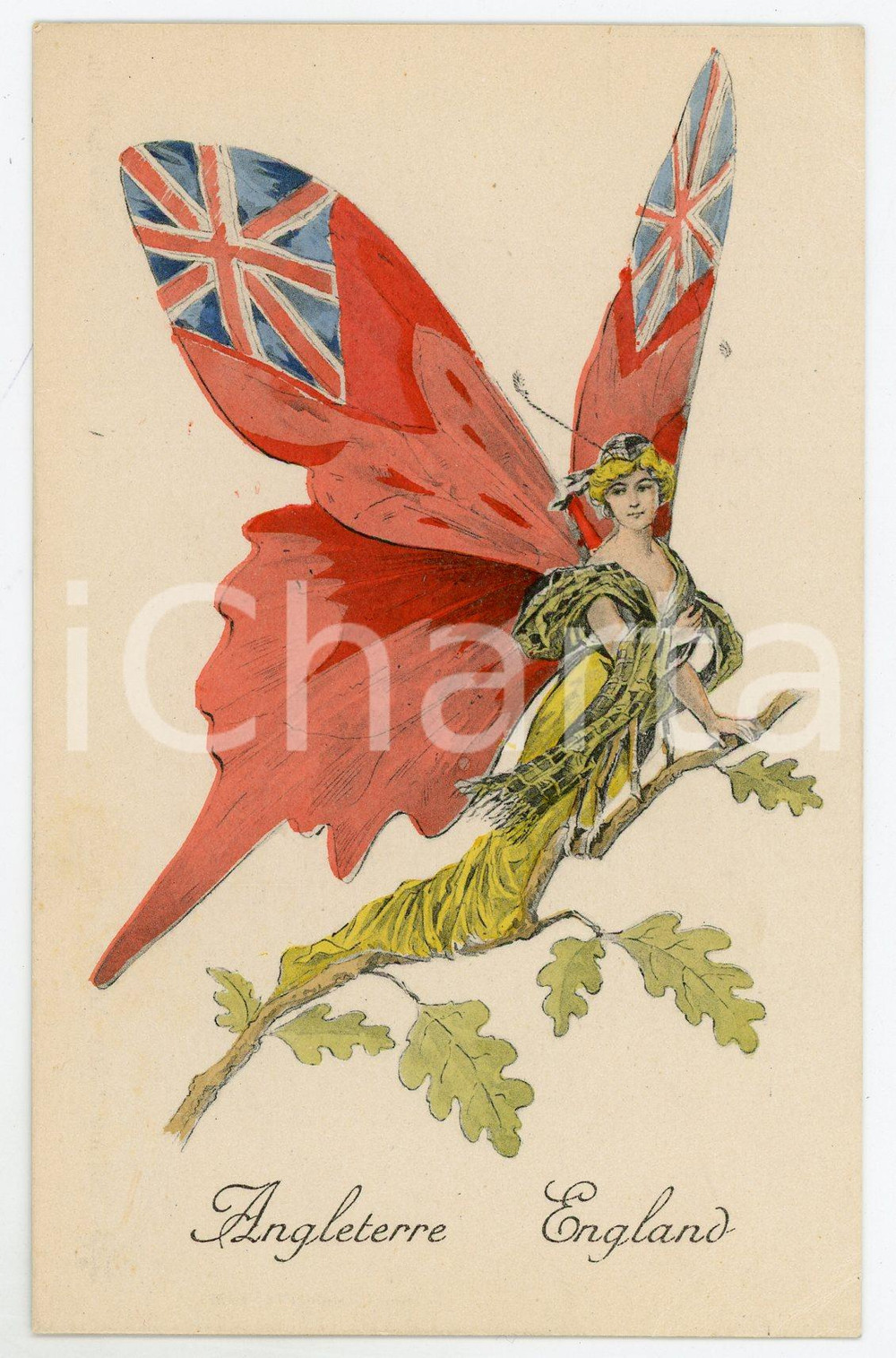 1917 WW1 ENGLAND as a butterfly woman - Postcard PROPAGANDA Ed. AUX ALLIES  Cartolina postale d'epoca, di propaganda francese, che rappresentava le nazioni alleate come donne-farfalla.Scritta nel 1917, ma non viaggiata.EDITORE: Aux Alli&eacute;s - Paris GOOD/buono  Formato: 9x14 cm originale e autentica 1